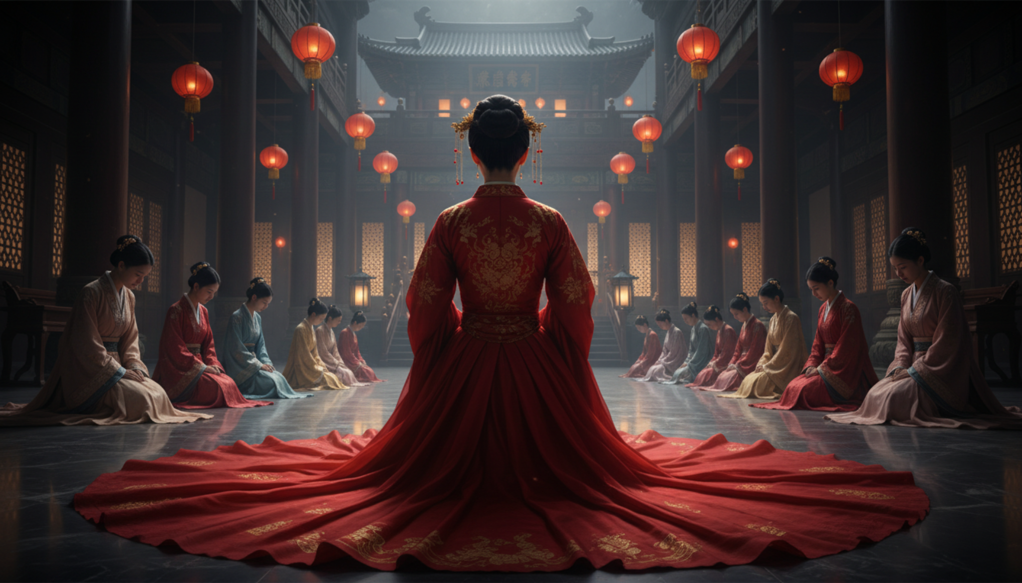 Lin Yue kneeling in a ceremonial court